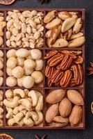 Box with various nuts cashew, macadamia, peanut, cedar, pecan, walnut, brazil, hazelnut photo