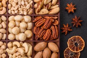 Box with various nuts cashew, macadamia, peanut, cedar, pecan, walnut, brazil, hazelnut photo