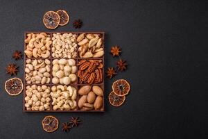 Box with various nuts cashew, macadamia, peanut, cedar, pecan, walnut, brazil, hazelnut photo