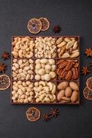 Box with various nuts cashew, macadamia, peanut, cedar, pecan, walnut, brazil, hazelnut photo