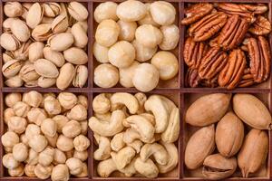 Box with various nuts cashew, macadamia, peanut, cedar, pecan, walnut, brazil, hazelnut photo