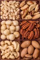 Box with various nuts cashew, macadamia, peanut, cedar, pecan, walnut, brazil, hazelnut photo