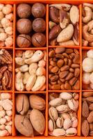 Box with various nuts cashew, macadamia, peanut, cedar, pecan, walnut, brazil, hazelnut photo