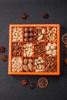 Box with various nuts cashew, macadamia, peanut, cedar, pecan, walnut, brazil, hazelnut photo