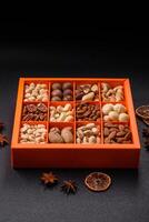 Box with various nuts cashew, macadamia, peanut, cedar, pecan, walnut, brazil, hazelnut photo