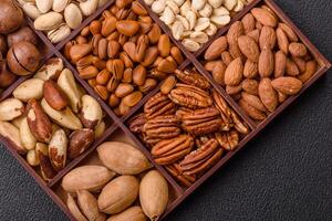 Box with various nuts cashew, macadamia, peanut, cedar, pecan, walnut, brazil, hazelnut photo