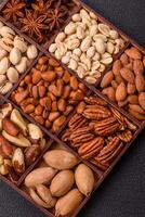 Box with various nuts cashew, macadamia, peanut, cedar, pecan, walnut, brazil, hazelnut photo