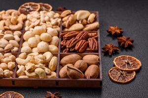 Box with various nuts cashew, macadamia, peanut, cedar, pecan, walnut, brazil, hazelnut photo