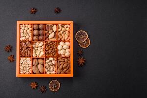 Box with various nuts cashew, macadamia, peanut, cedar, pecan, walnut, brazil, hazelnut photo