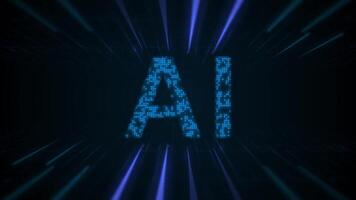 Artificial intelligence microchip animation dark background with AI lettering in small blue elements. Perfect for tech presentations, websites, or social media posts about artificial intelligence. video