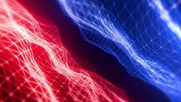 Abstract red and blue glowing wireframe waves intersect, ideal for technology backgrounds, digital designs, or futuristic concepts in various projects. video