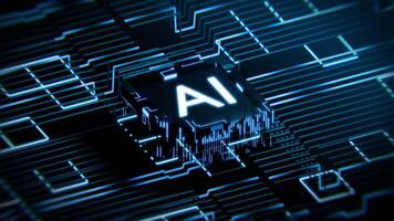 Artificial Intelligence chip on intricate circuit board, symbolizing advanced technology. Suitable for techrelated articles, blogs, and presentations on AI. video