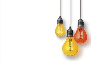 Three light bulbs hanging from a string on a white background photo