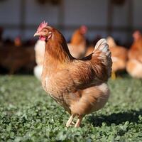 A chicken standing in a field of green grass photo