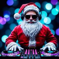 Santa Claus wearing sunglasses and headphones, DJing at party with colorful lights in background. photo