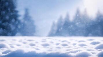 Serene winter forest with snow-laden trees and delicate falling snow photo