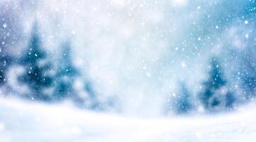 Peaceful winter scene with snow covered trees and sky filled with falling snow photo