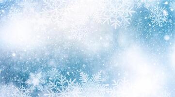 Winter sky background filled falling snow, snowflakes of varying sizes, white and blue gradient. photo
