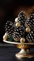 Festive black pine cones with glitter details in a gold-rimmed decorative bowl photo