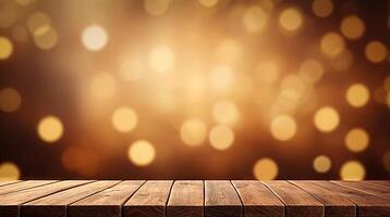 Holiday empty illuminated surface for product presentation, warm light colors, blurred background photo