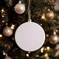 Close up white round ornament with gold thread. In background is a blurred Christmas tree. photo