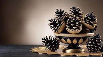 Black pine cones with glitter trim are artfully arranged in decorative bowl with gold border. photo