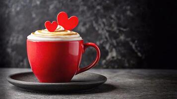 One big red cup with hot latte coffee drink with hearts on black background in grunge style photo