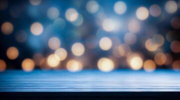 Wooden surface with blurred background, golden lights and bokeh effect create festive atmosphere. photo