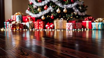 Beautiful Christmas tree with colorful ornaments, surrounded by wrapped gifts on wooden floor. photo