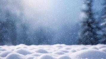Abstract blurred nature winter background with fir trees and snowflakes with empty space for text photo