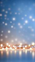 Blank surface for product presentation. Warm blue and white colors of light are blurred background photo