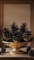 Decorative bowl with gold border featuring black glitter-accented pine cones photo