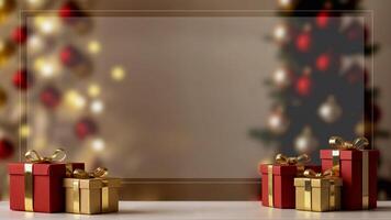 Greeting card with Christmas trees, red and gold boxes on blurred background. Empty space for text photo