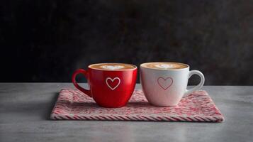 Two cups with hot drink in white and red with heart pattern on black background in grunge style photo