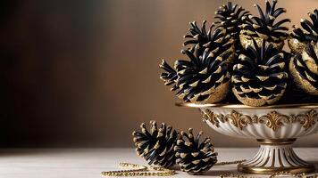 Glittered black pine cones artfully displayed in a gold-edged decorative bowl photo