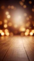 Wooden surface on a blurred background of warm golden and brown shades, creating festive atmosphere. photo