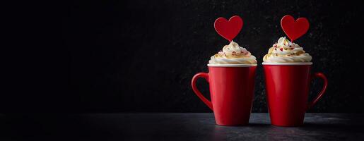 Two red cups on stone surface for valentine's day latte coffee with hearts on black background style photo