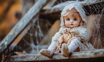 A doll sitting on a wooden bench with a spider web photo