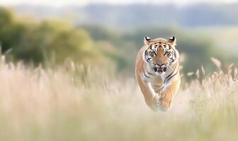 A tiger running through tall grass in a field photo