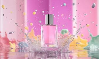 A perfume bottle with colorful splashes on a pink background photo