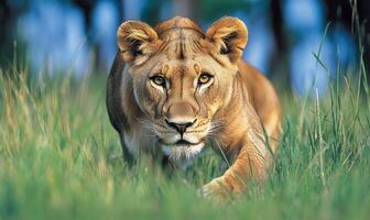 Lioness walking in the grass photo