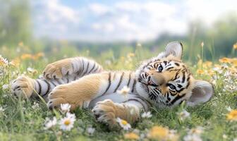 A tiger cub laying in the grass with flowers photo