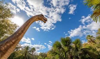 A dinosaur statue stands in front of palm trees photo