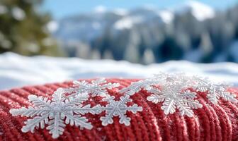 Snowflakes on a red knitted blanket in the snow photo