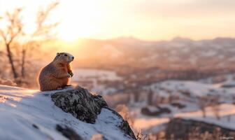 A ground squirrel sits on a rock at sunset photo