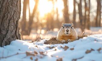 A ground squirrel is sitting in the snow photo