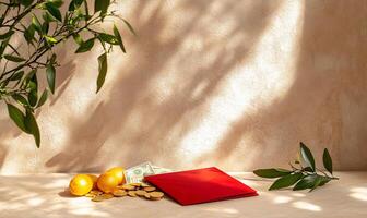 A red wallet sitting on a table next to a lemon photo