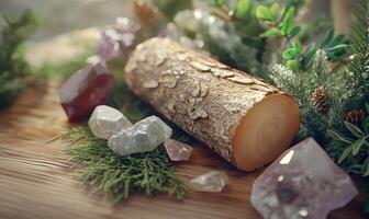 A log with crystals and other items on a table photo