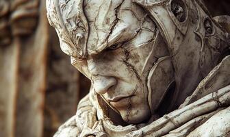 A statue of a man with a face made of stone photo