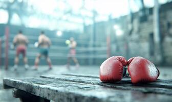 Two boxing gloves on a bench in front of a ring photo